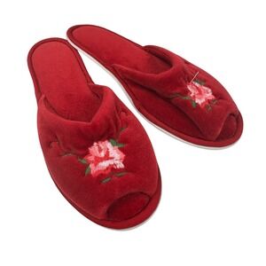 Vintage Dearfoams Red Velour Floral Embroidered Slippers Small 5-6 Made in USA